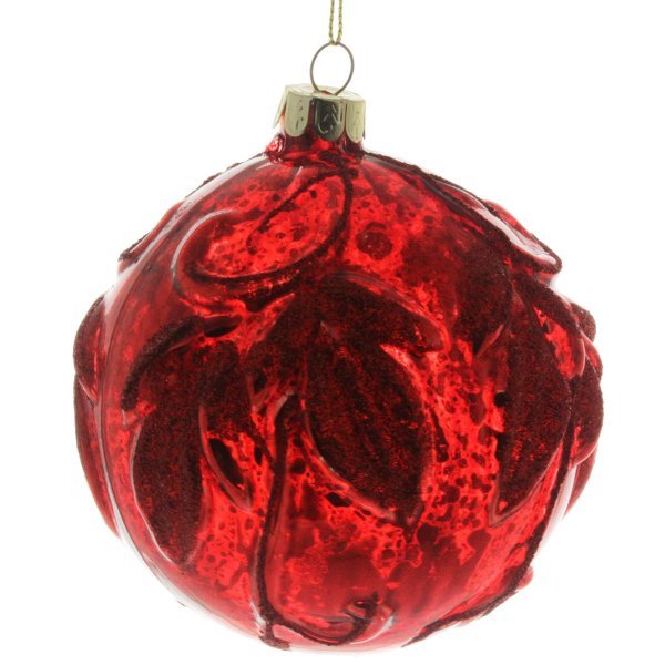 Χριστουγεννιάτικη Γυάλινη Κόκκινη Μπάλα, με Ανάγλυφα Κλαριά (10cm)